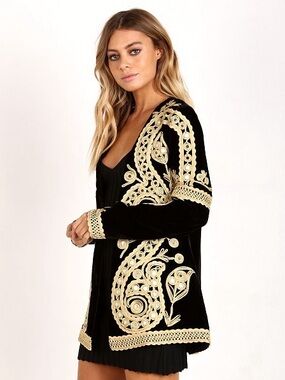 Black Velvet Open Cardigan with Gold Embroidered Detail